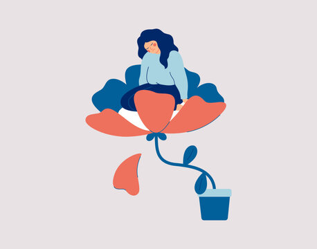 Woman sitting on the fading flower and can't deal with emotional stress or depression. Girl lost of interest or of feeling of pleasure from social life. Mental health vector illustration