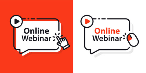 Online webinar button. Online webinar, vector design element with play button. Internet education. Online meeting. Social media webinar. Live video streaming, web conference. Vector illustration