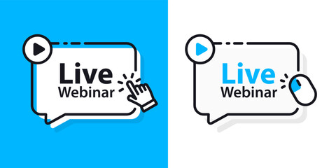 Live webinar button. Video internet conference icon. Internet education. Online meeting. Social media webinar. Live video streaming. Broadcast. Concept of virtual resources, video call, remote work
