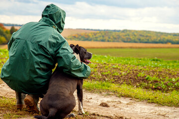 A man walks his dog in a field after a thunderstorm. Guy with staffordshire terrier in nature on a cloudy day. The concept of freedom, happiness, friendship, nature.