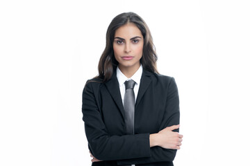 Portrait of business woman in suit crossed arms. Confidence businesswoman against grey background with copy space. Proud student girl. Beautiful businesswoman.