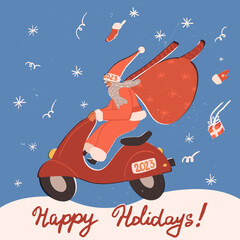 Christmas, New Year greeting card, Happy Holidays lettering. Biker Santa Claus driving crazy on his red retro scooter.