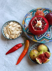 Fresh Mediterranean fruit on a blue ceramic plate. Colorful still life with pomegranate, figs, plums. Healthy eating concept. 