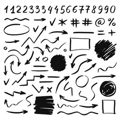Set of handwritten numbers, signs, arrows and stains. Hand drawn elements
