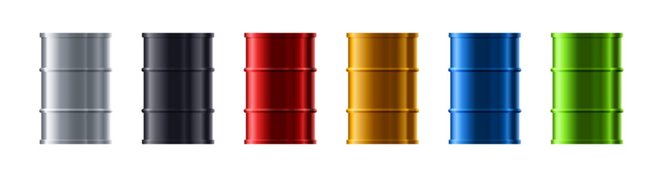 Set metal realistic barrels of different colors side view vector illustration