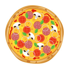 Fresh pizza with tomatoes, cheese, mushrooms, sausage, onion, basil. Traditional Italian fast food. Top view food. European snack. Isolated white background. EPS10 vector illustration.