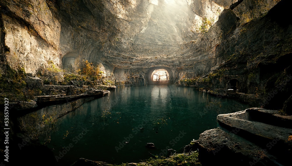 Poster the sun illuminates the lake in the cave. 3d rendering