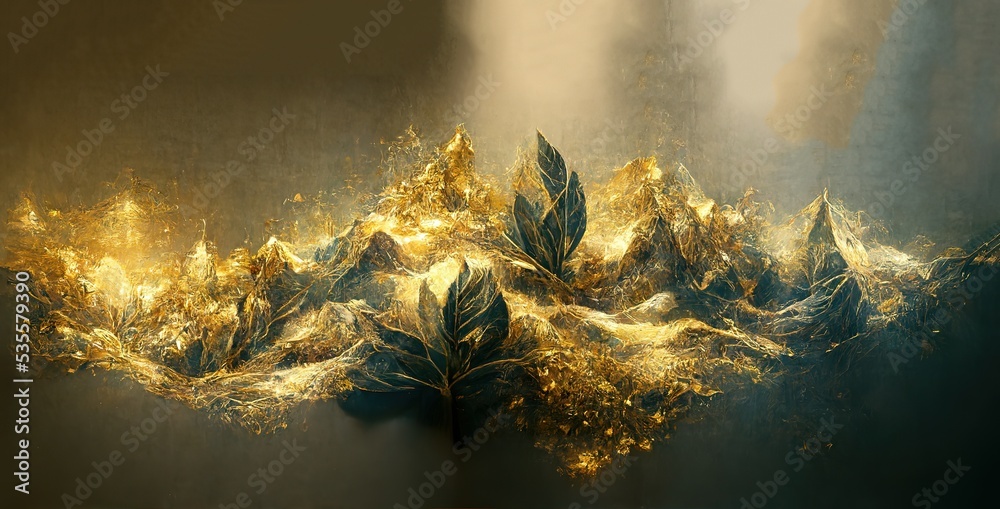 Wall mural A spider's web of gold enveloped the green flowers of the tree. 3D illustration