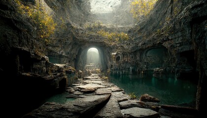 A stone road leads to a passageway in a cave near the water. 3D illustration