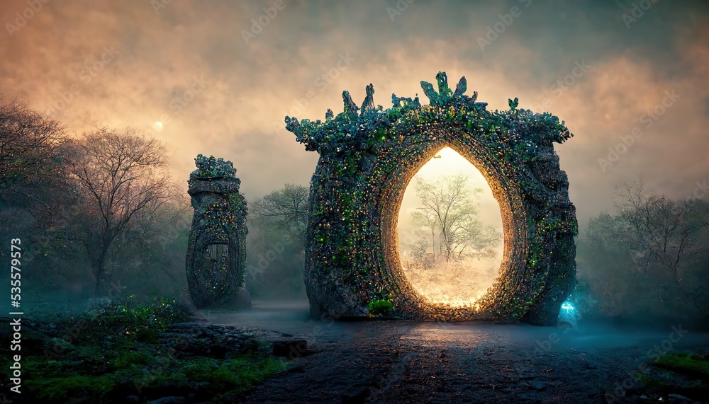 Aufkleber in the center of the mist-covered forest at sunset stands a portal. 3d rendering
