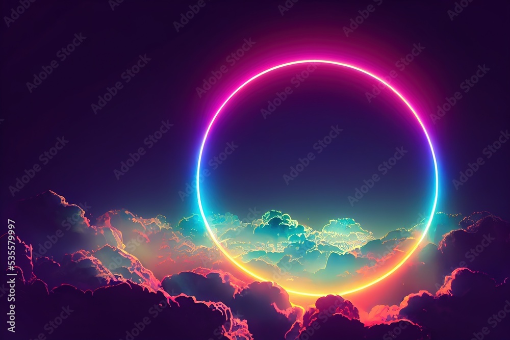 Fototapete The circle in the sky glows with a bright light of different colors. 3D rendering