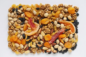 Variety of nuts and dried fruits. Nuts and drid fruits assortment on white background. Flat layot	