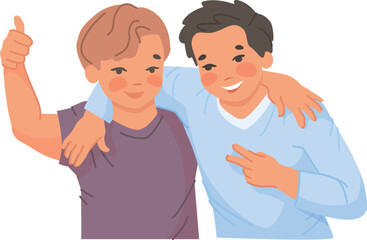 Happy boys together. Hugging brothers. Best kid friends