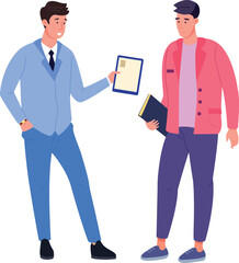 Students sharing paper study. Young workers talking