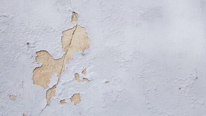The white paint applied on the old plaster wall is peeling off.