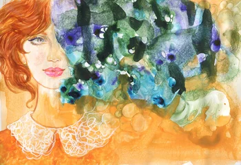 Outdoor-Kissen watercolor painting. abstract woman portrait. illustration.  © Anna Ismagilova