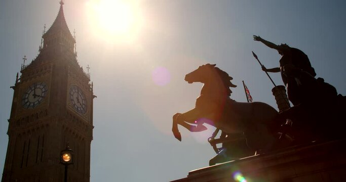 Big Ben, Houses of Parliament and Union Jack Flag flying over Westminster Bridge, London, England
