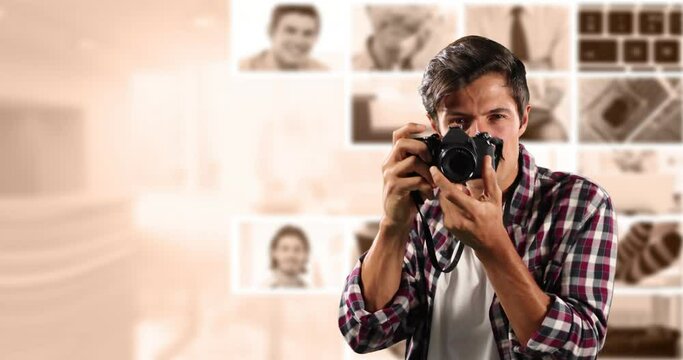 Animation of caucasian male photographer with camera over diverse photos