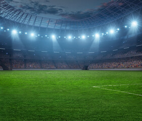 Photo of a soccer stadium. The stadium was made in 3d without using existing references. 3d illustration