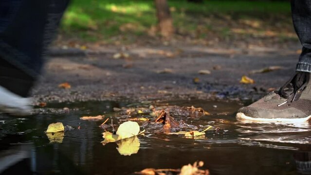 Man s leg in a crossbar enters a dirty puddle with autumn leaves. Autumn rains and slush on the street. A man smears shoes, entering the mud with his foot.