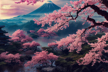 Japanese landscape with sakura trees against the backdrop of mountains and a volcano. Beautiful fantasy landscape. 3D illustration. - obrazy, fototapety, plakaty