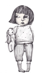 Girl with a toy , girl with  flowing hair in the wind. Girl character, ink draw, artistic line..
