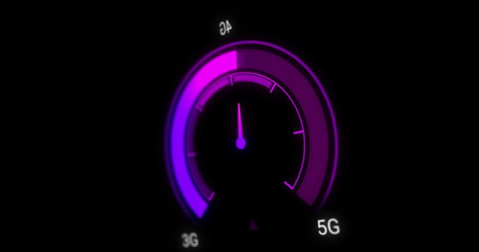 Animation of purple speedometer over black background