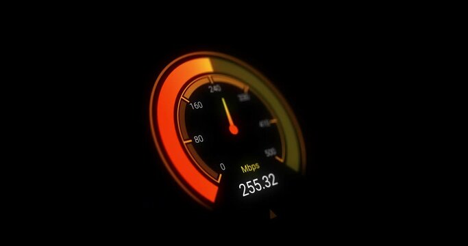 Animation of orange speedometer over black background