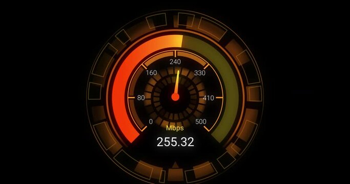 Animation of orange speedometer over black background