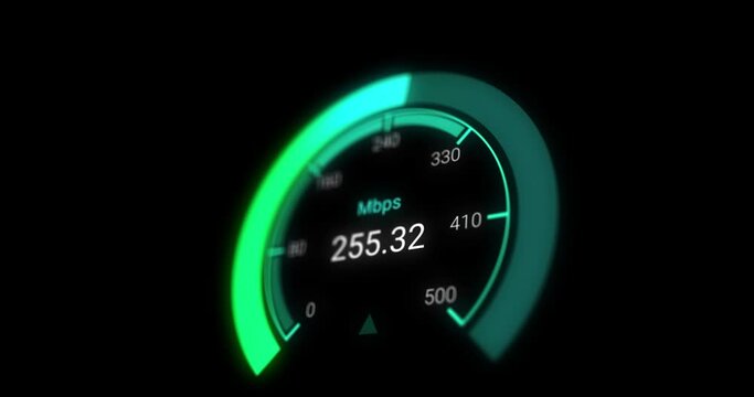 Animation of green speedometer over black background