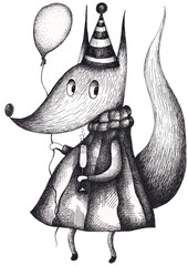 Hand drawn sketch of a fox. Joy illustration , beautiful hand draw, grey scale, old and vintage style. Celebration, birthday party, sweet anniversary.