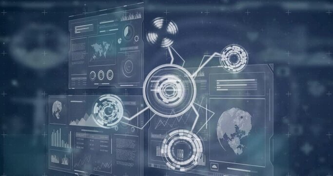 Animation of icons, diverse data and glitch over digital screens - Powered by Adobe