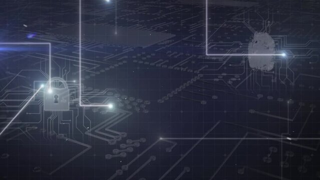 Animation of lights, digital padlock and motherboard on dark background