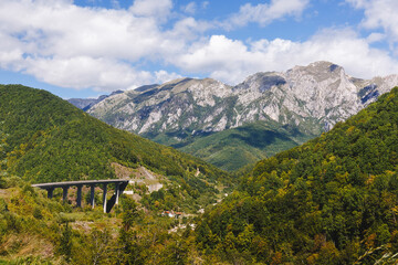 Famous Zelengora mountain peaks and Trnova Luka bridge over Sutjeska River, Sutjeska National Park, Dinaric Alps, Republika Srpska, Bosnia and Herzegovina