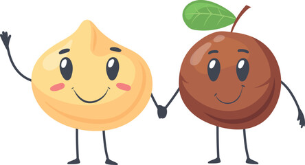 Macadamia cartoon characters. Happy raw nut and shell