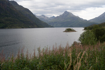 landscape view of the fiords in Lofoten, Norway in a cloudy day