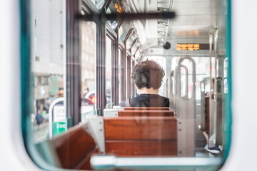 Passenger, WIndow and interior of the tram in Hong Kong - obrazy, fototapety, plakaty
