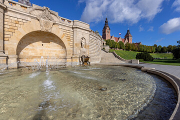 Fountain at Chrobry Embankment (Hakena Terrace), terrace along Odra River, Szczecin, Poland