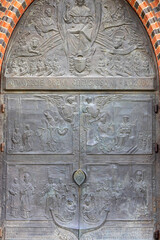 Szczecin Cathedral, decorative entrance door with a bronze door knocker, Szczecin, Poland