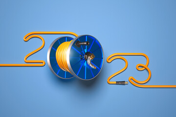 Creative 2023 New Year design template with coil and cables - obrazy, fototapety, plakaty
