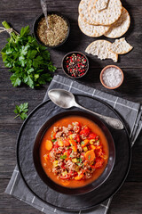 Hamburger Soup with barley and vegetables in bowl