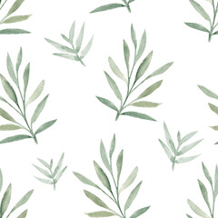 Neutral sage green leaves seamless pattern isolated on white background. Botanical tile for fabrics, textile, bedding, scrapbooking, wrapping paper, cases. Minimalist style