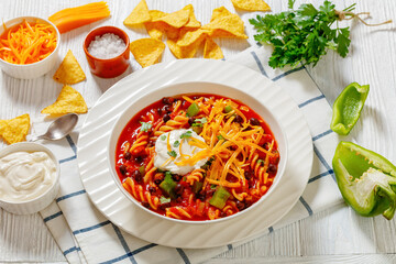 Black Bean Soup with spiral pasta and vegetables