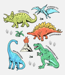 Hand-drawn vector dinosaur illustrations. Tyrannosaurus Rex, Stegosaurus, Brachiosaurus, Triceratops, and Pterodactyl cartoons. © cddesign.co