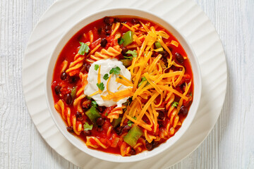 Black Bean Soup with spiral pasta and vegetables