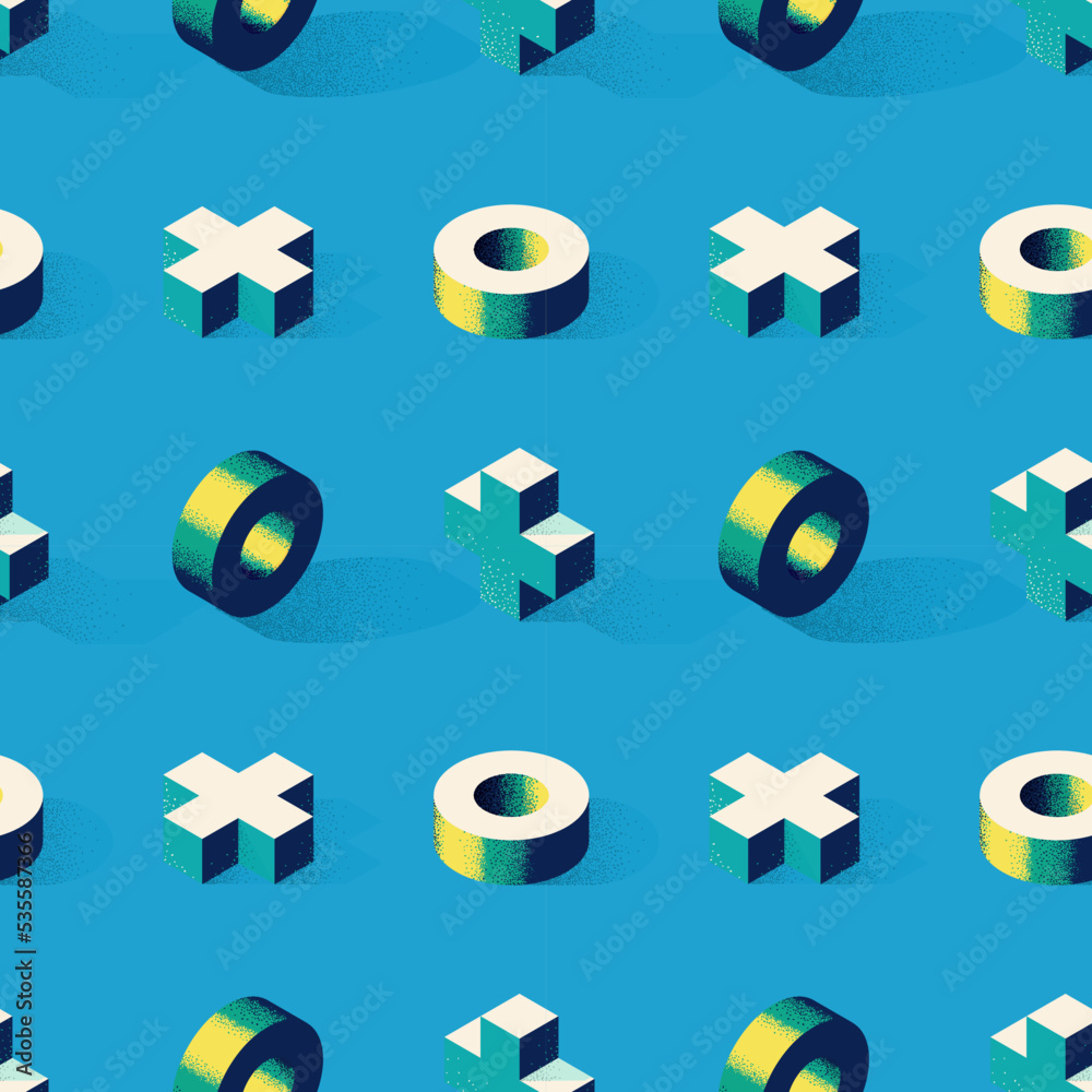 Poster Seamless pattern with cross or plus shape and ring on background in modern dotted texture style. Fabric, wrapper or wallpaper print in stylized retro flat trend.