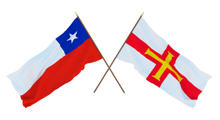 Background, 3D render for designers, illustrators. National Independence Day. Flags Chily and Bailiwick of Guernsey