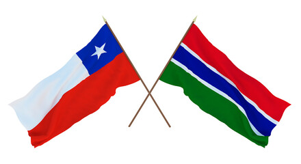 Background, 3D render for designers, illustrators. National Independence Day. Flags Chily and Gambia