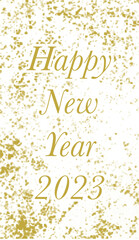 Happy new year 2023 . Gold text with glitter in white background.