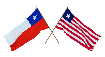 Background, 3D render for designers, illustrators. National Independence Day. Flags Chily and Liberia